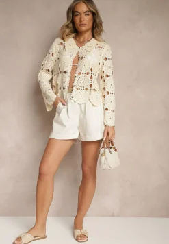 Beżowa Bawełniana Koszula w Stylu Boho z Ażurowej Tkaniny Baniria