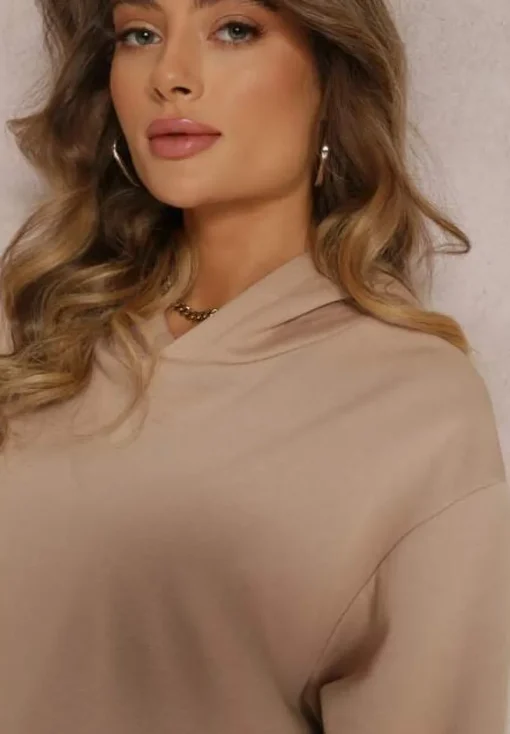 Beżowa Bluza Oversize z Kapturem Sirel