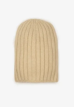 Beżowa Czapka z Wiskozy w Stylu Beanie z Prążkowanego Materiału Enandira
