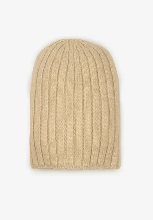 Beżowa Czapka z Wiskozy w Stylu Beanie z Prążkowanego Materiału Enandira