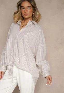 Beżowa Koszula z Bawełny o Kroju Oversize w Prążki ze Ściągaczem w Pasie Neoritia