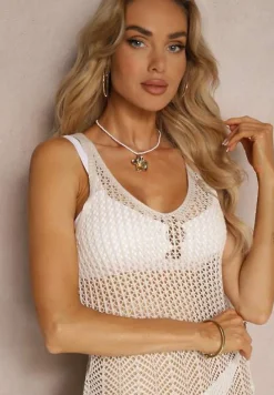 Beżowa Plażowa Sukienka Bodycon Narzutka z Ażurowym Zdobieniem i Rozcięciem na Dole Bevantia