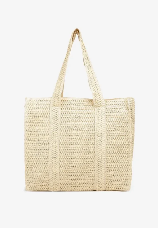 Beżowa Torebka Shopper Plażowa z Plecionki Galavisena