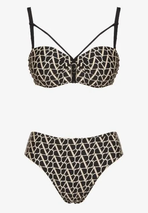 Beżowe Bikini Biustonosz i Majtki Typu Figi w Geometryczny Wzór Linarissa