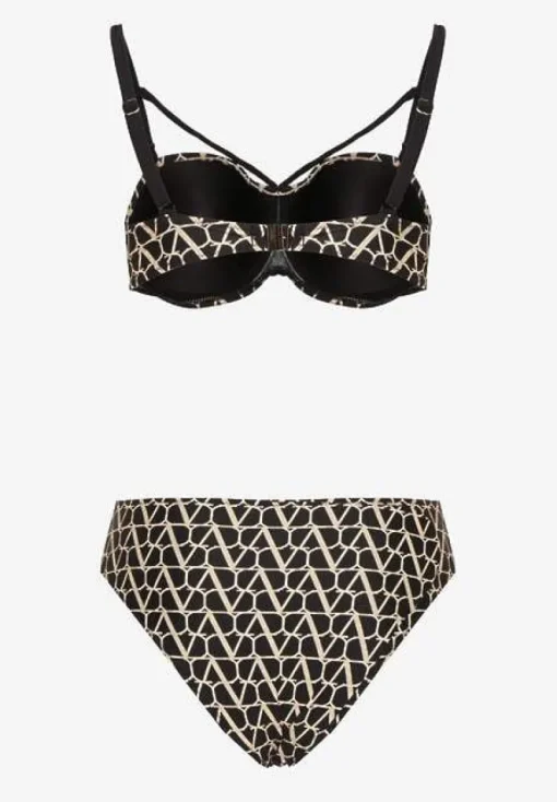Beżowe Bikini Biustonosz i Majtki Typu Figi w Geometryczny Wzór Linarissa