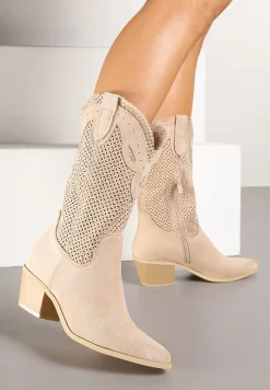 Beżowe Botki Kowbojki na Słupku z Ażurową Cholewką Felmira
