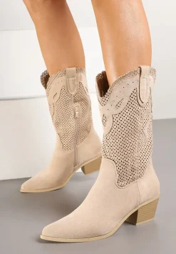 Beżowe Botki Kowbojki na Słupku z Ażurową Cholewką Felmira
