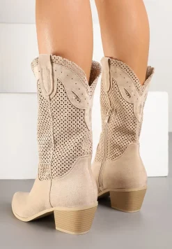 Beżowe Botki Kowbojki na Słupku z Ażurową Cholewką Felmira