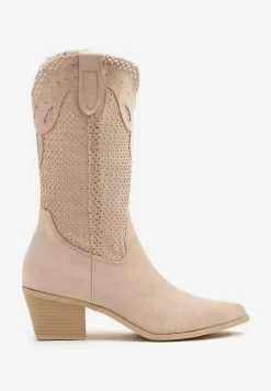 Beżowe Botki Kowbojki na Słupku z Ażurową Cholewką Felmira