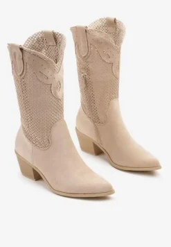 Beżowe Botki Kowbojki na Słupku z Ażurową Cholewką Felmira