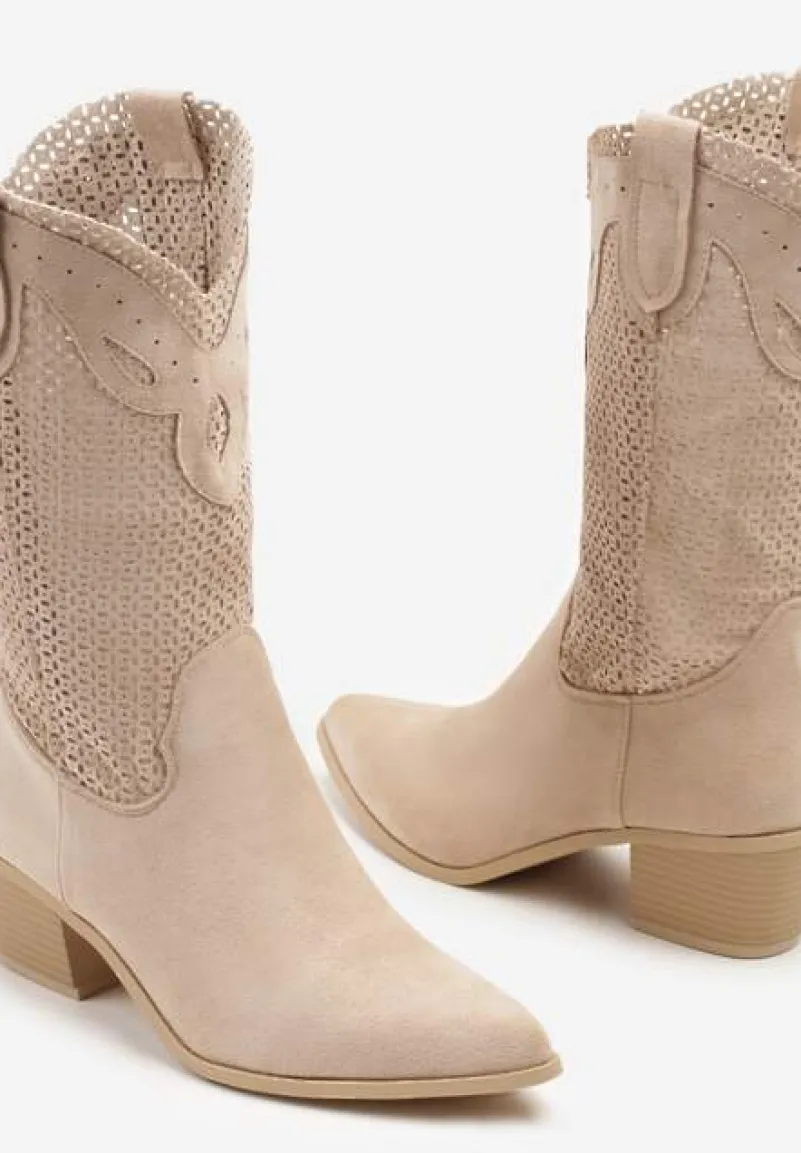 Beżowe Botki Kowbojki na Słupku z Ażurową Cholewką Felmira