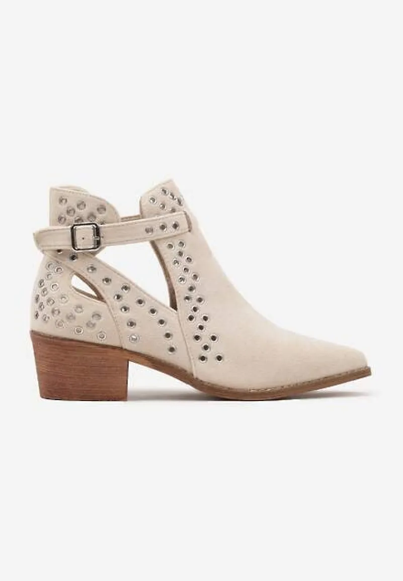 Beżowe Botki Kowbojki na Słupku Ozdobione Nitami i Wycięciem Eleawena