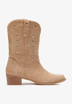 Beżowe Botki Kowbojki z Wkładką ze Skóry Naturalnej i Ozdobnymi Nitami Tirina
