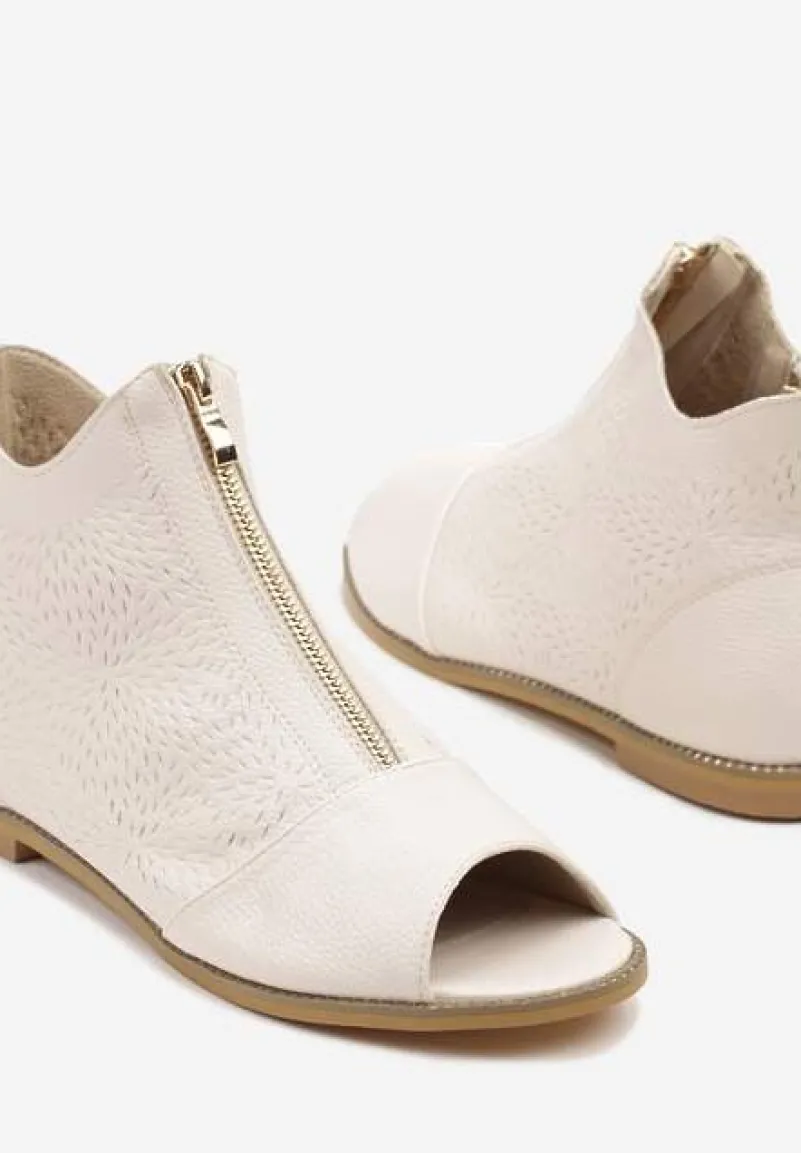 Beżowe Botki ze Skórzaną Wkładką z Tłoczoną Cholewką Lirive