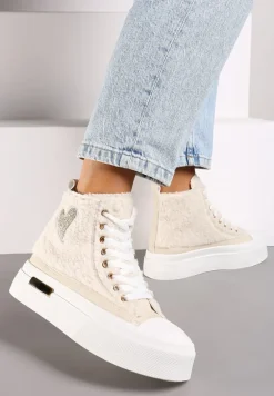 Beżowe Brokatowe Trampki na Platformie z Cholewką za Kostkę Nevirosa