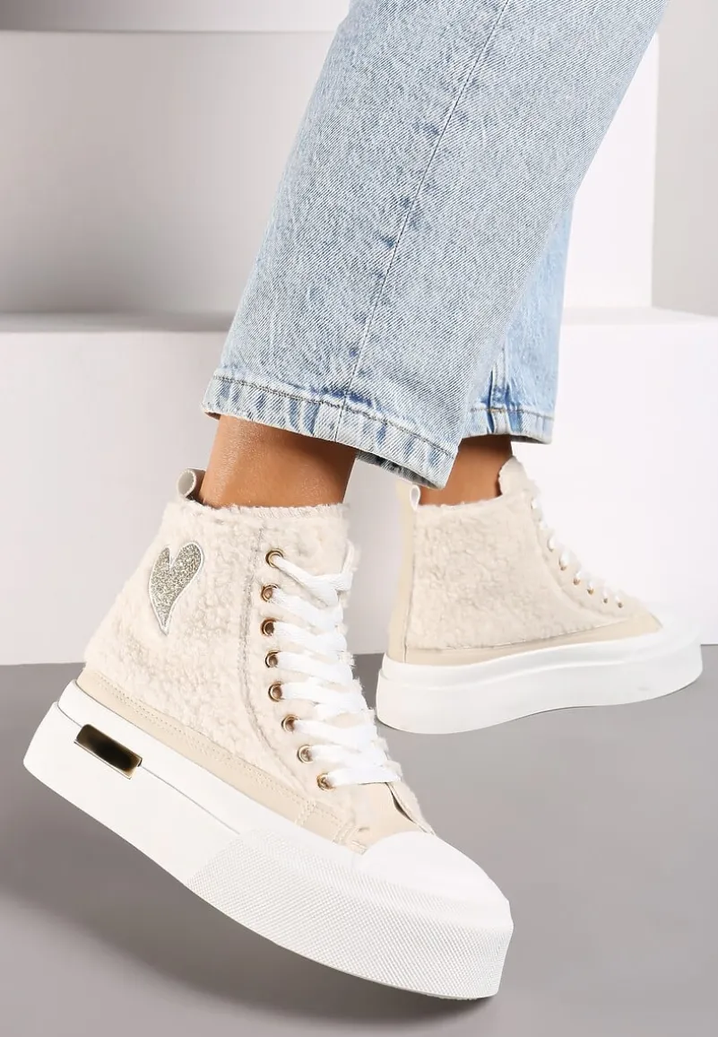 Beżowe Brokatowe Trampki na Platformie z Cholewką za Kostkę Nevirosa