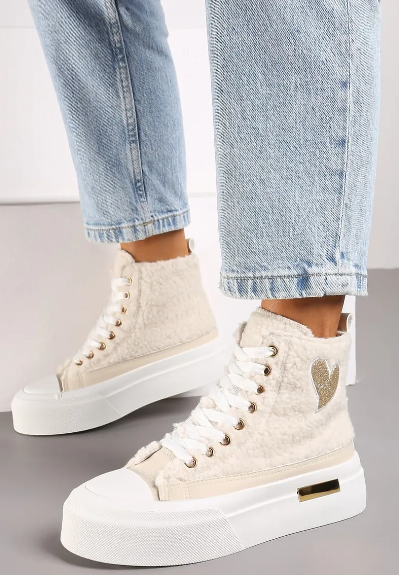 Beżowe Brokatowe Trampki na Platformie z Cholewką za Kostkę Nevirosa