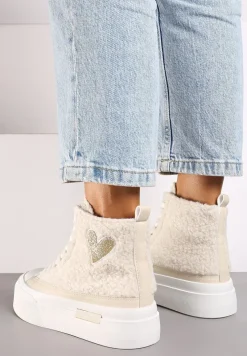 Beżowe Brokatowe Trampki na Platformie z Cholewką za Kostkę Nevirosa