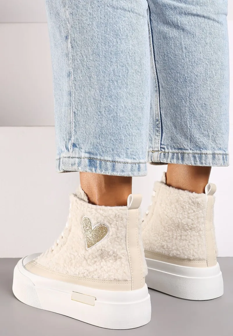 Beżowe Brokatowe Trampki na Platformie z Cholewką za Kostkę Nevirosa