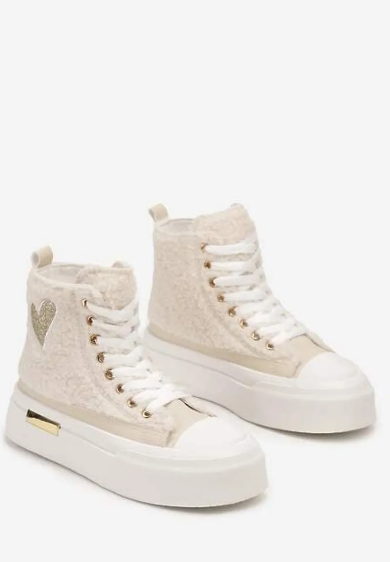 Beżowe Brokatowe Trampki na Platformie z Cholewką za Kostkę Nevirosa