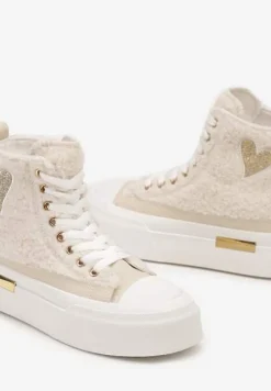 Beżowe Brokatowe Trampki na Platformie z Cholewką za Kostkę Nevirosa