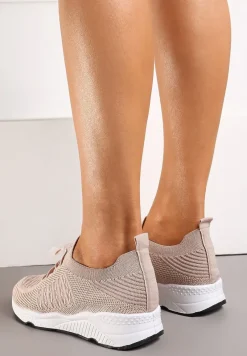Beżowe Buty Sportowe Ściągane Gumką Ozdobione Metaliczną Nicią Rianelle