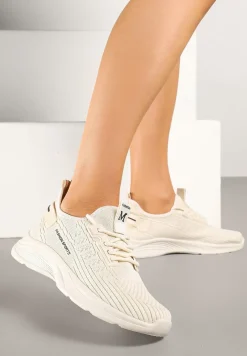 Beżowe Buty Sportowe Sneakersy Ozdobione Tłoczeniem i Napisami Odalene