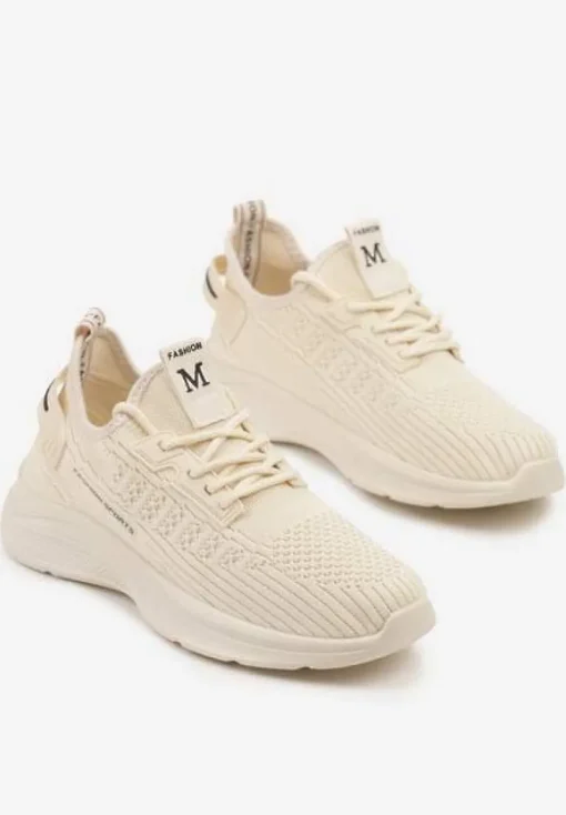 Beżowe Buty Sportowe Sneakersy Ozdobione Tłoczeniem i Napisami Odalene