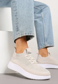 Beżowe Buty Sportowe Sneakersy z Siateczkową Cholewką Helazia