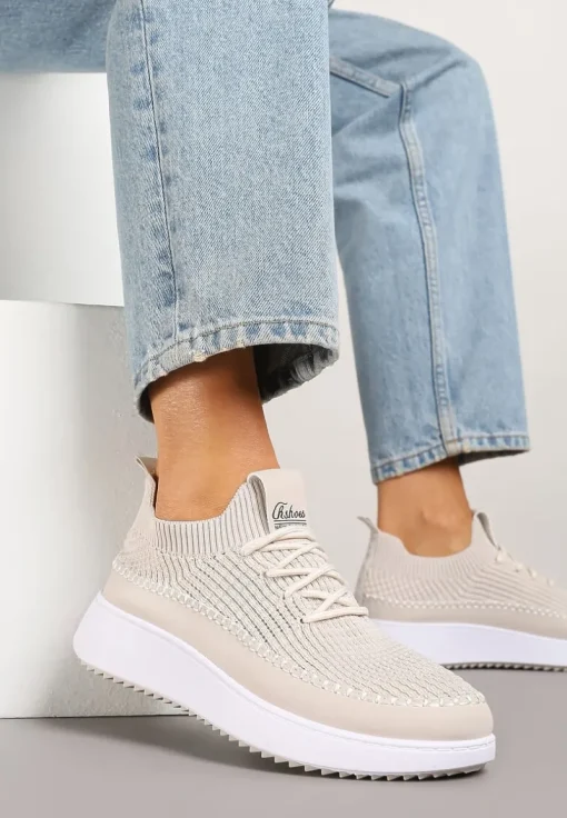 Beżowe Buty Sportowe Sneakersy z Siateczkową Cholewką Helazia