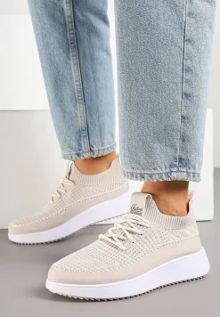 Beżowe Buty Sportowe Sneakersy z Siateczkową Cholewką Helazia