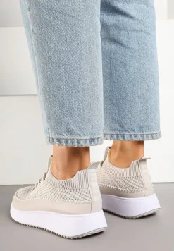 Beżowe Buty Sportowe Sneakersy z Siateczkową Cholewką Helazia