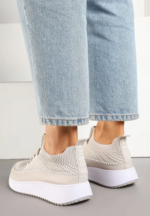 Beżowe Buty Sportowe Sneakersy z Siateczkową Cholewką Helazia