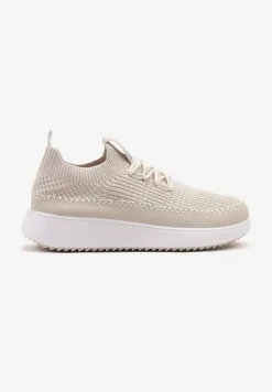 Beżowe Buty Sportowe Sneakersy z Siateczkową Cholewką Helazia