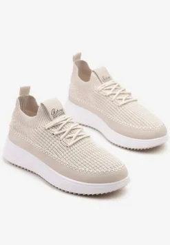 Beżowe Buty Sportowe Sneakersy z Siateczkową Cholewką Helazia