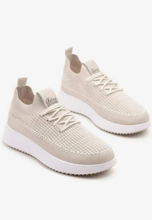 Beżowe Buty Sportowe Sneakersy z Siateczkową Cholewką Helazia