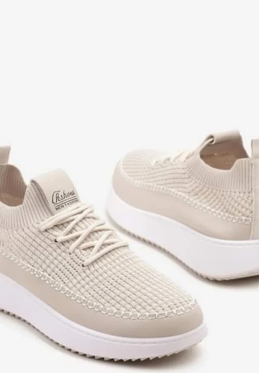 Beżowe Buty Sportowe Sneakersy z Siateczkową Cholewką Helazia