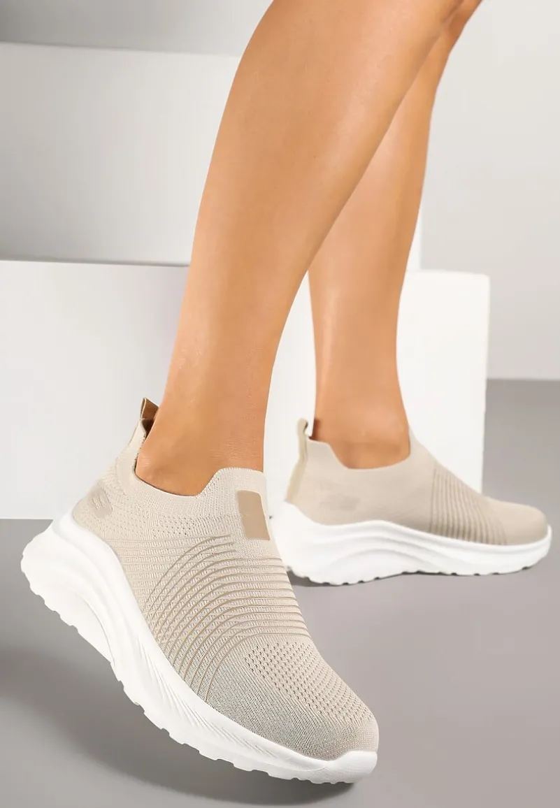 Beżowe Buty Sportowe Sneakersy na Tłoczonej Platformie z Elastyczną Cholewką Velmio
