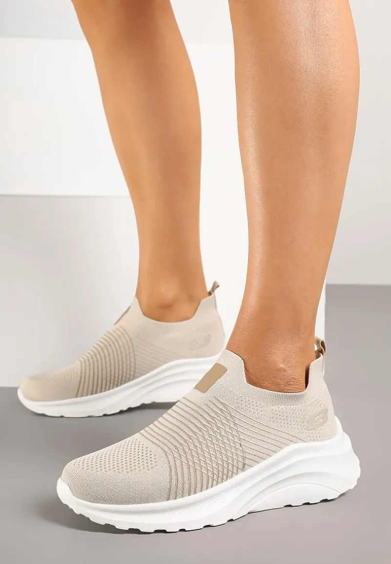 Beżowe Buty Sportowe Sneakersy na Tłoczonej Platformie z Elastyczną Cholewką Velmio