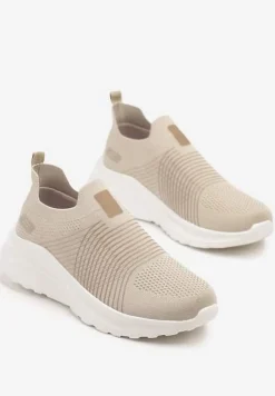 Beżowe Buty Sportowe Sneakersy na Tłoczonej Platformie z Elastyczną Cholewką Velmio