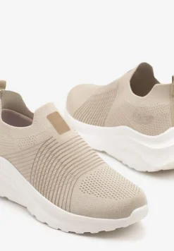 Beżowe Buty Sportowe Sneakersy na Tłoczonej Platformie z Elastyczną Cholewką Velmio