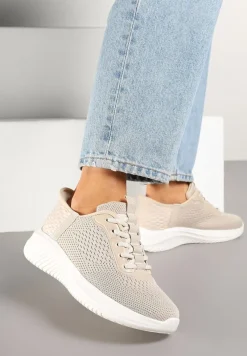Beżowe Buty Sportowe Sneakersy z Siateczki na Podeszwie z Tłoczeniami Kortebia