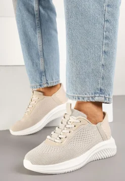 Beżowe Buty Sportowe Sneakersy z Siateczki na Podeszwie z Tłoczeniami Kortebia