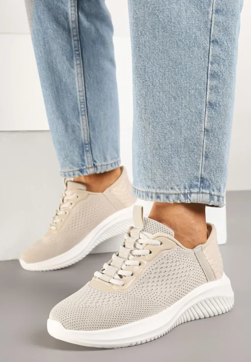 Beżowe Buty Sportowe Sneakersy z Siateczki na Podeszwie z Tłoczeniami Kortebia