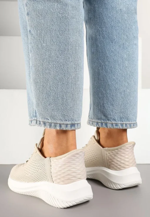 Beżowe Buty Sportowe Sneakersy z Siateczki na Podeszwie z Tłoczeniami Kortebia