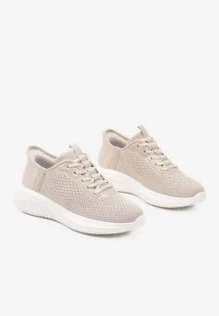 Beżowe Buty Sportowe Sneakersy z Siateczki na Podeszwie z Tłoczeniami Kortebia