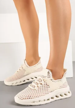 Beżowe Buty Sportowe Sneakersy Siateczkowe na Tłoczonej Platformie Lurilia