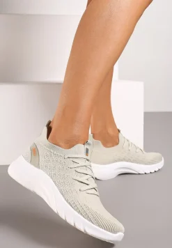 Beżowe Buty Sportowe z Cholewką w Skarpetkowym Stylu Voletta