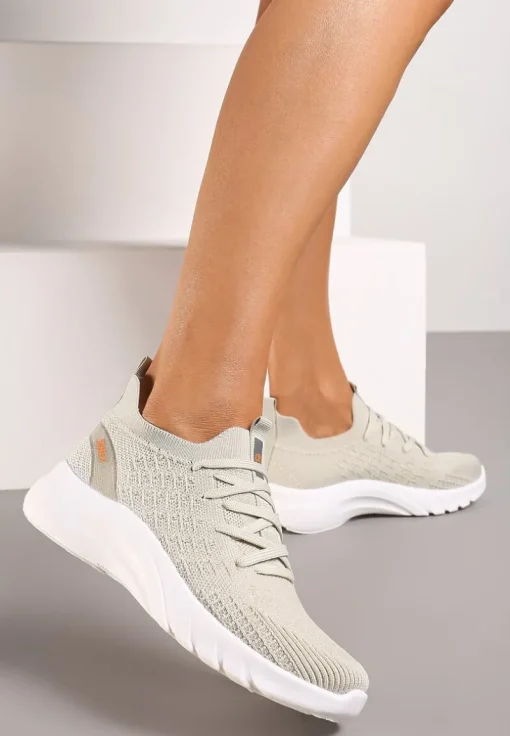 Beżowe Buty Sportowe z Cholewką w Skarpetkowym Stylu Voletta