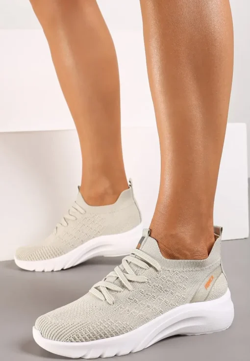 Beżowe Buty Sportowe z Cholewką w Skarpetkowym Stylu Voletta